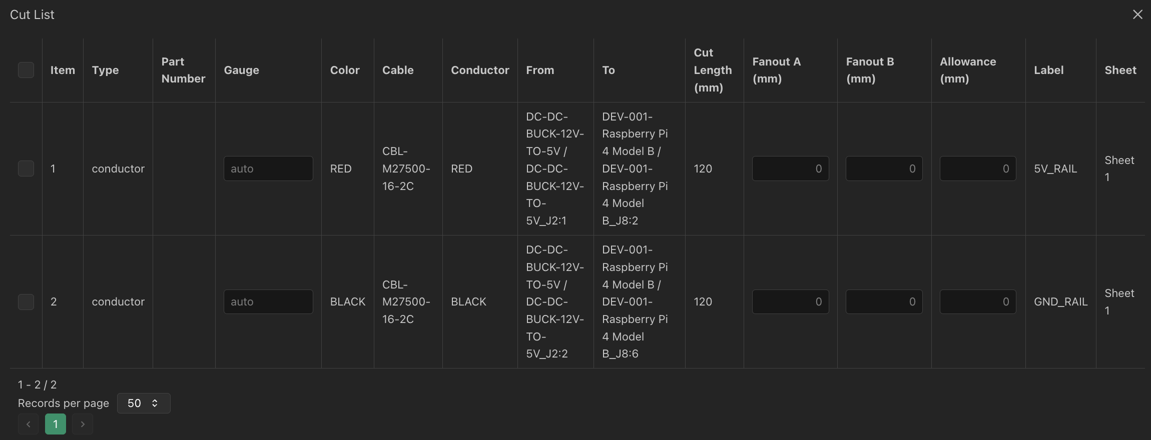 Cutlist table screenshot